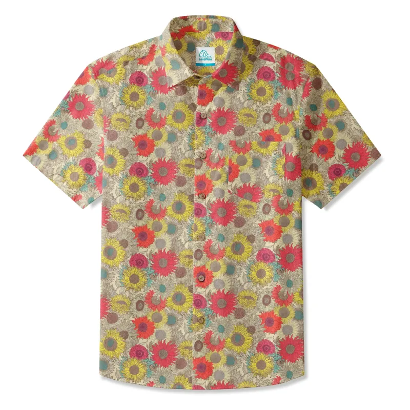 LeosWare® Men's Hawaiian Shirt Short Sleeve Button-up 100% Cotton Beige Aloha Earth Day Sunflower Garden Embroidery Kit sold by Yiume