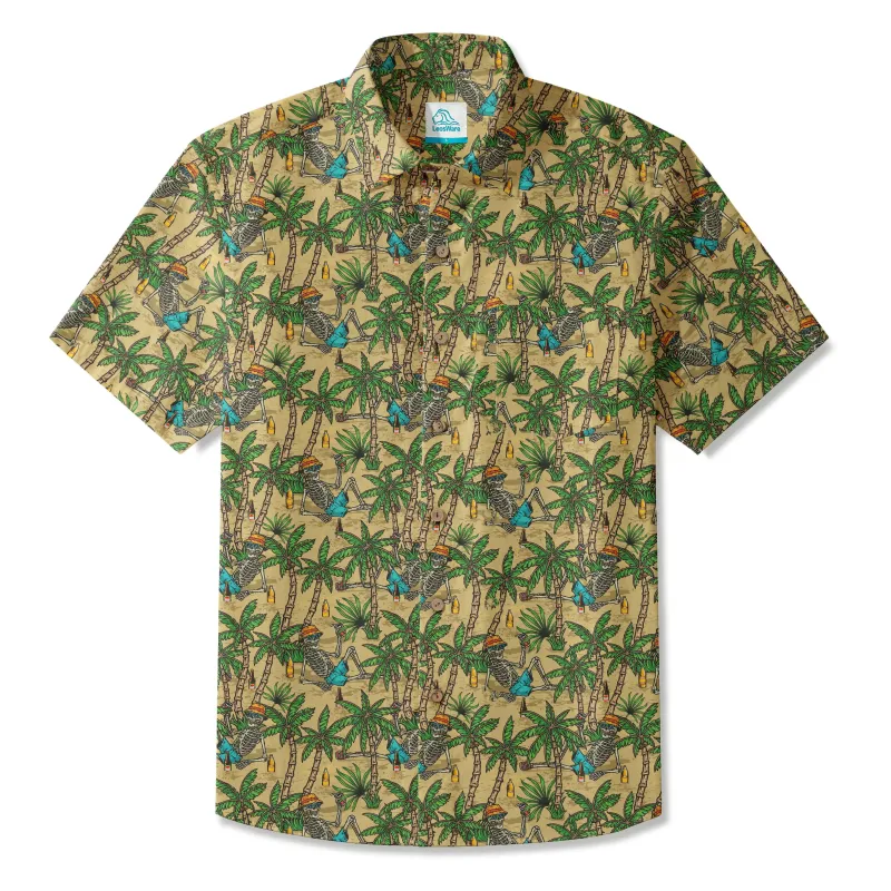 LeosWare® Men's Hawaiian Shirt Short Sleeve Button-up 100% Cotton Green Aloha Skeleton's Coconut Beach Vacation sold by Yiume