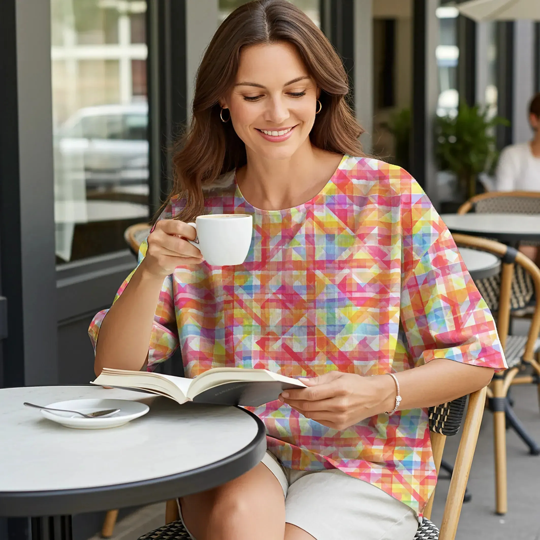 Women Casual Blouse Elbow Sleeve Crew Neck Button-Back 95% Lyocell, 5% Linen Aloha Rainbow Woven Patch sold by Yiume product image thumbnail 2