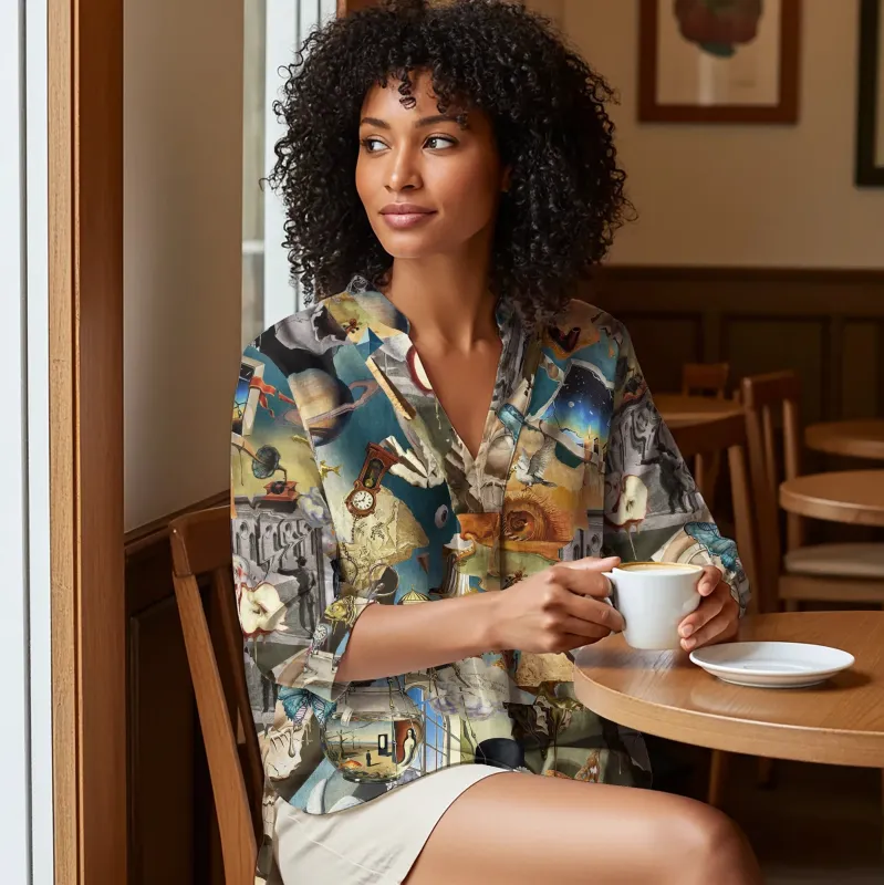 Women Casual Blouse 3/4 Sleeve V-neck Shirt Collar 95% Lyocell, 5% Linen Blue Aloha Hyperreal Dreamscapes Art By Mo made by Yiume