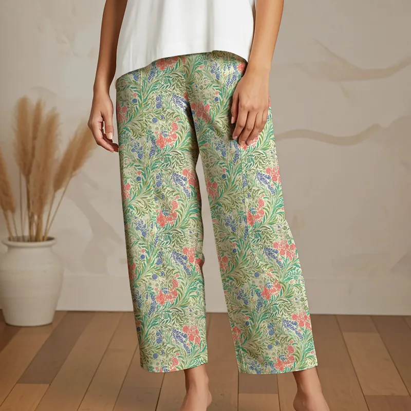 Women Casual Ankle Pants Lounge Elastic Waist with Pockets 93% Lyocell, 7% Linen Green Aloha Alfalfa Flower Earthly Weave sold by Yiume