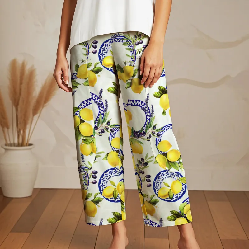 Women Casual Ankle Pants Lounge Elastic Waist with Pockets 93% Lyocell, 7% Linen Purple Aloha Lemon, Olive, And Lavender Harmony Symphony sold by Yiume