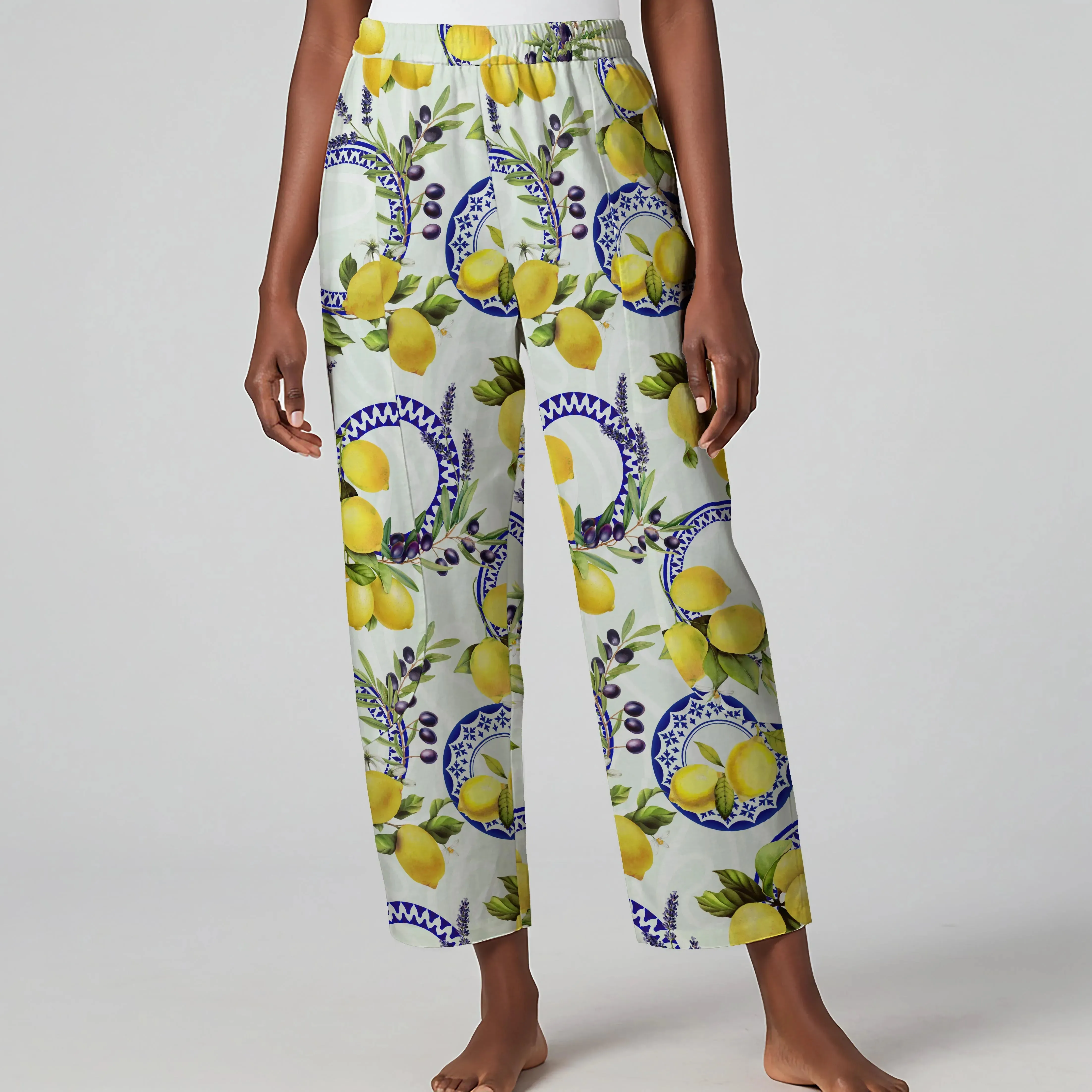 Women Casual Ankle Pants Lounge Elastic Waist with Pockets 93% Lyocell, 7% Linen Purple Aloha Lemon, Olive, And Lavender Harmony Symphony sold by Yiume product image thumbnail 2