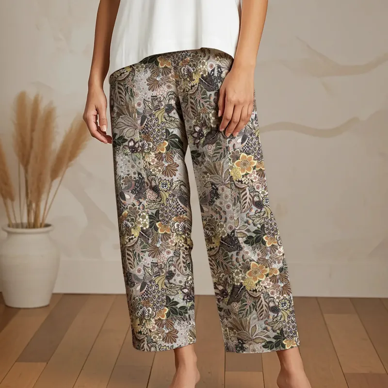 Women Casual Ankle Pants Lounge Elastic Waist with Pockets 93% Lyocell, 7% Linen Brown Aloha Retro Gentleman Art sold by Yiume