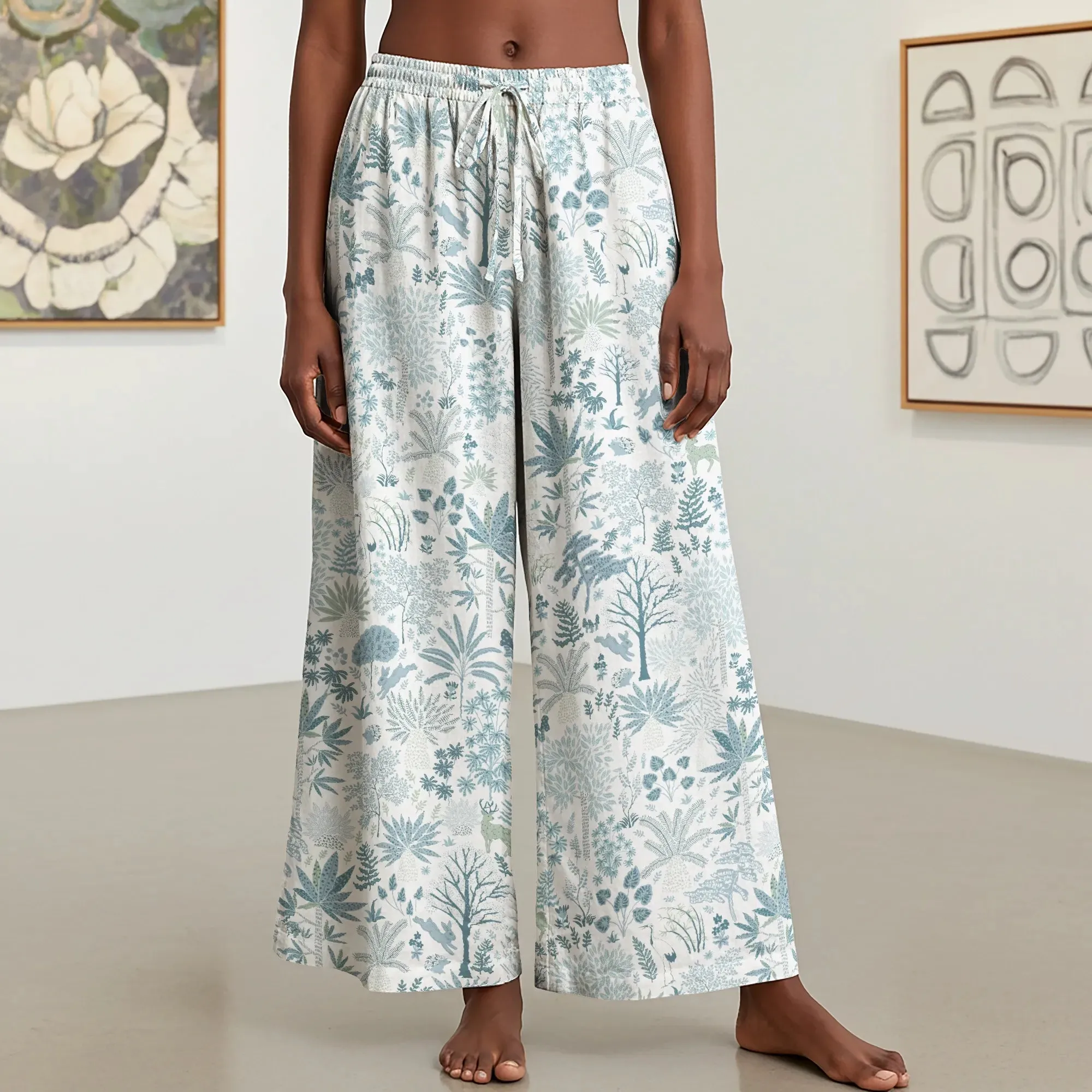 Women Casual Floral Wide Leg Pants Lounge Elastic Waist Drawstring with Pockets 93% Lyocell, 7% Linen Blue Aloha Whispering Forest Tales sold by Yiume