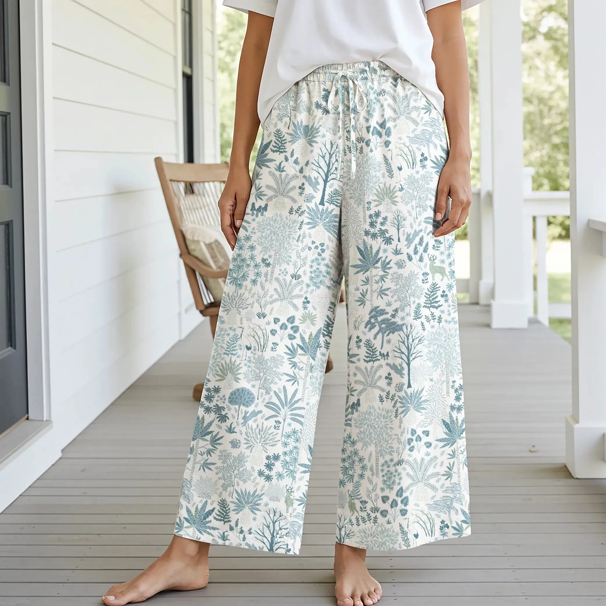 Women Casual Floral Wide Leg Pants Lounge Elastic Waist Drawstring with Pockets 93% Lyocell, 7% Linen Blue Aloha Whispering Forest Tales sold by Yiume product image thumbnail 2