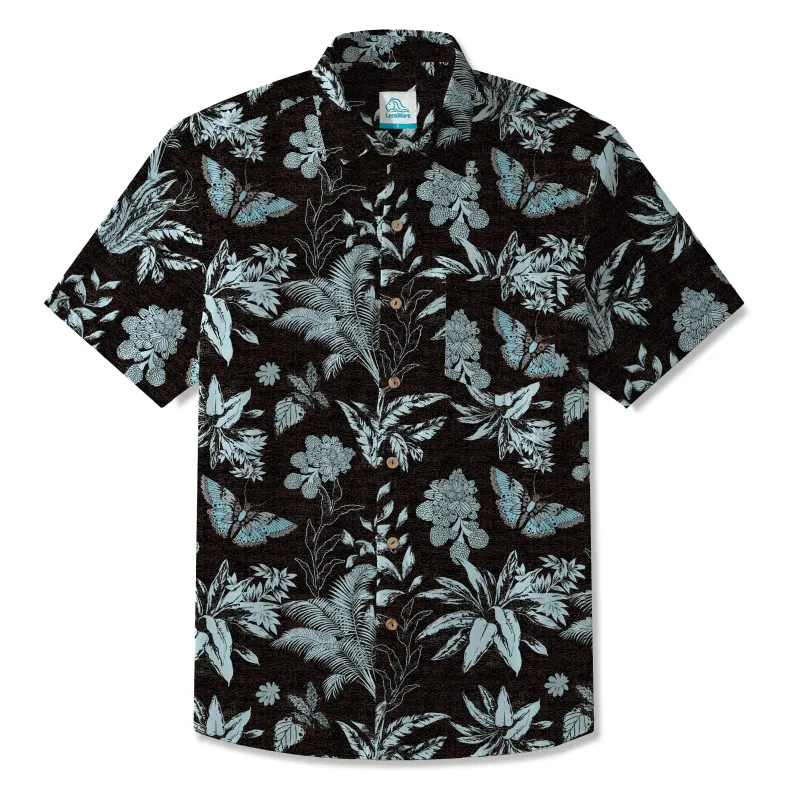 LeosWare® Men's Hawaiian Shirt Short Sleeve Button-up 100% Cotton Black Aloha Mystical Flowers And Butterflies made by Yiume