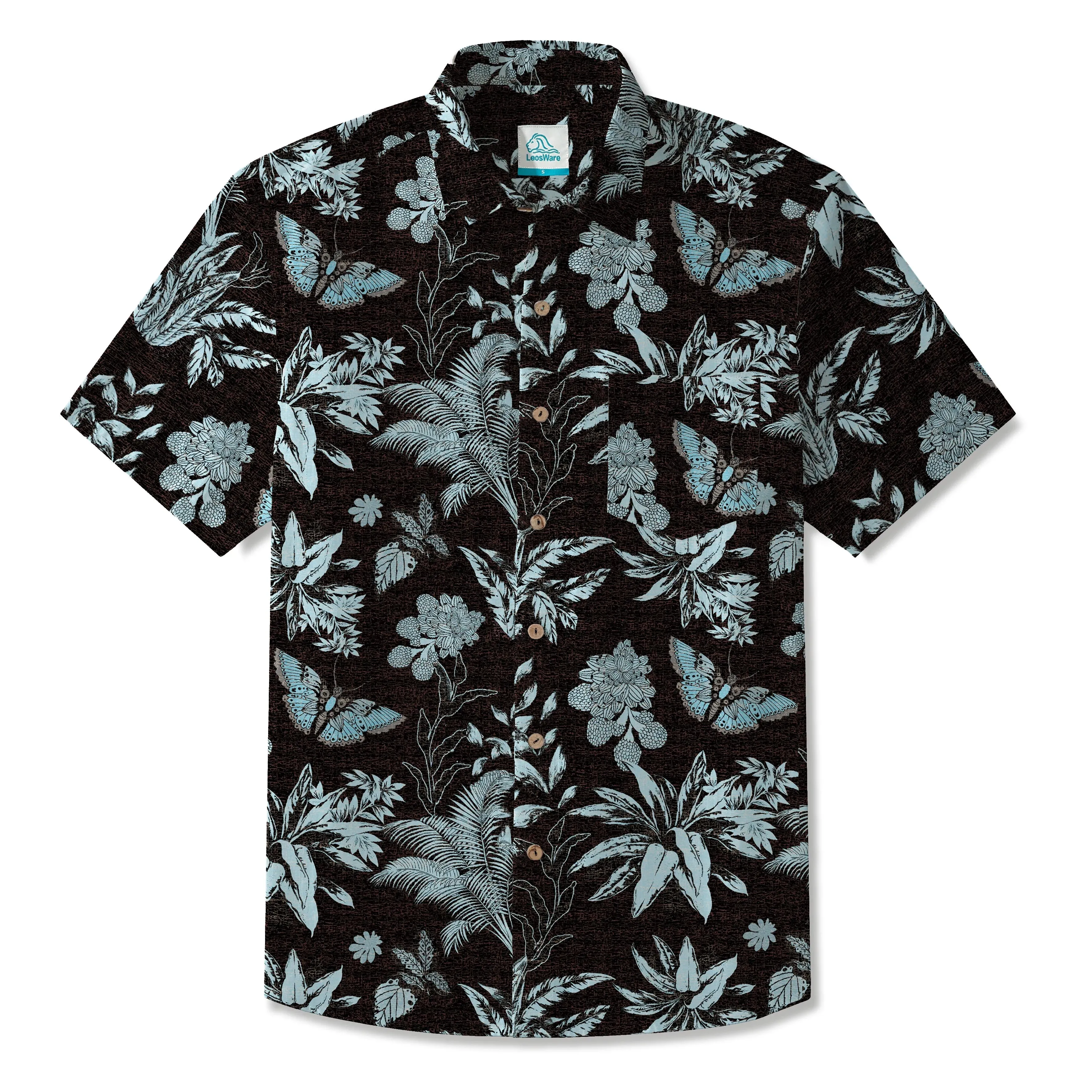 LeosWare® Men's Hawaiian Shirt Short Sleeve Button-up 100% Cotton Black Aloha Mystical Flowers And Butterflies sold by Yiume