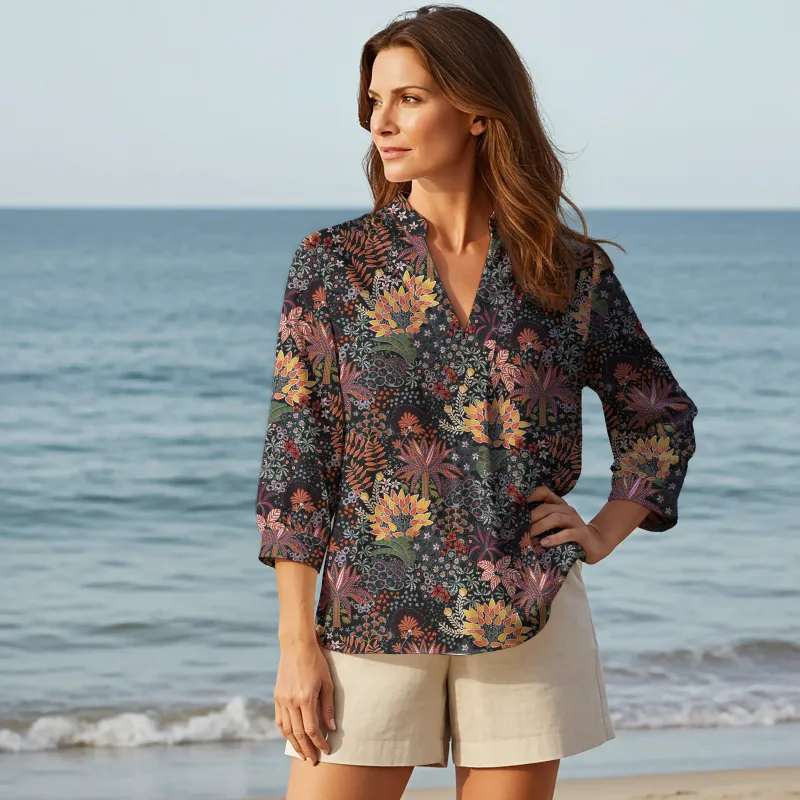 Women Casual Blouse 3/4 Sleeve V-neck Shirt Collar 100% Lyocell Blue Aloha Quirky Plants sold by Yiume