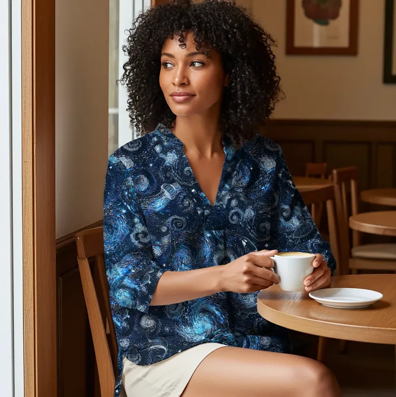 Women's Casual Blouse 3/4 Sleeve V-neck Shirt Collar 95% Lyocell, 5% Linen Blue Aloha Dreams Of The Starry Sea sold by Yiume