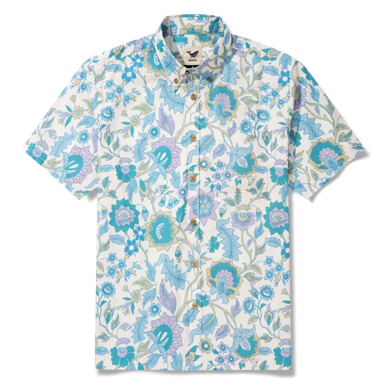 Men's Hawaiian Shirt Short Sleeve Button-down 100% Cotton Blue Aloha Farmhouse Italian Florals By Aqua Bubble made by Yiume
