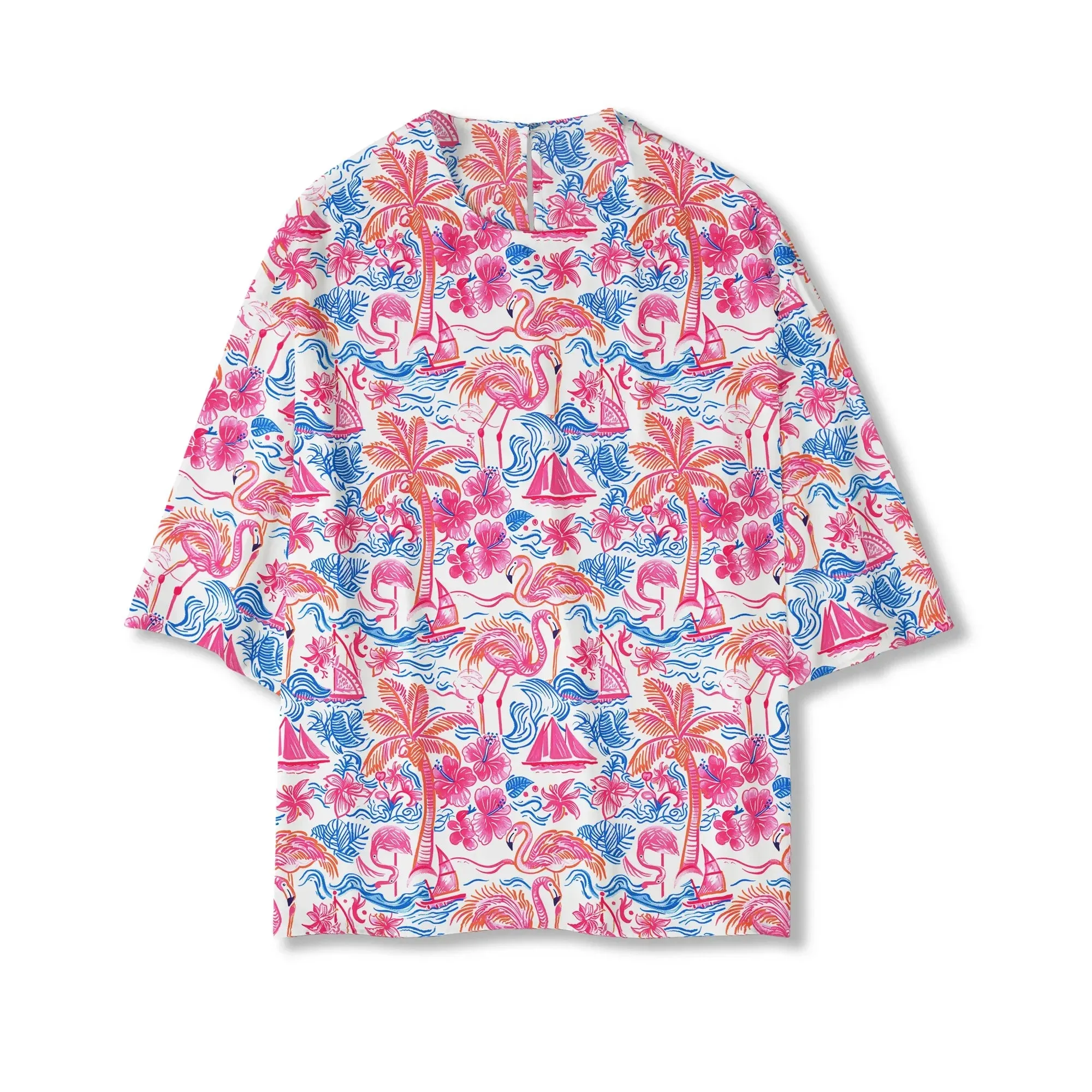 Flamingo Women's Casual Blouse Elbow Sleeve Crew Neck Button-Back 100% Lyocell Aloha Tropical Fire Bay sold by Yiume