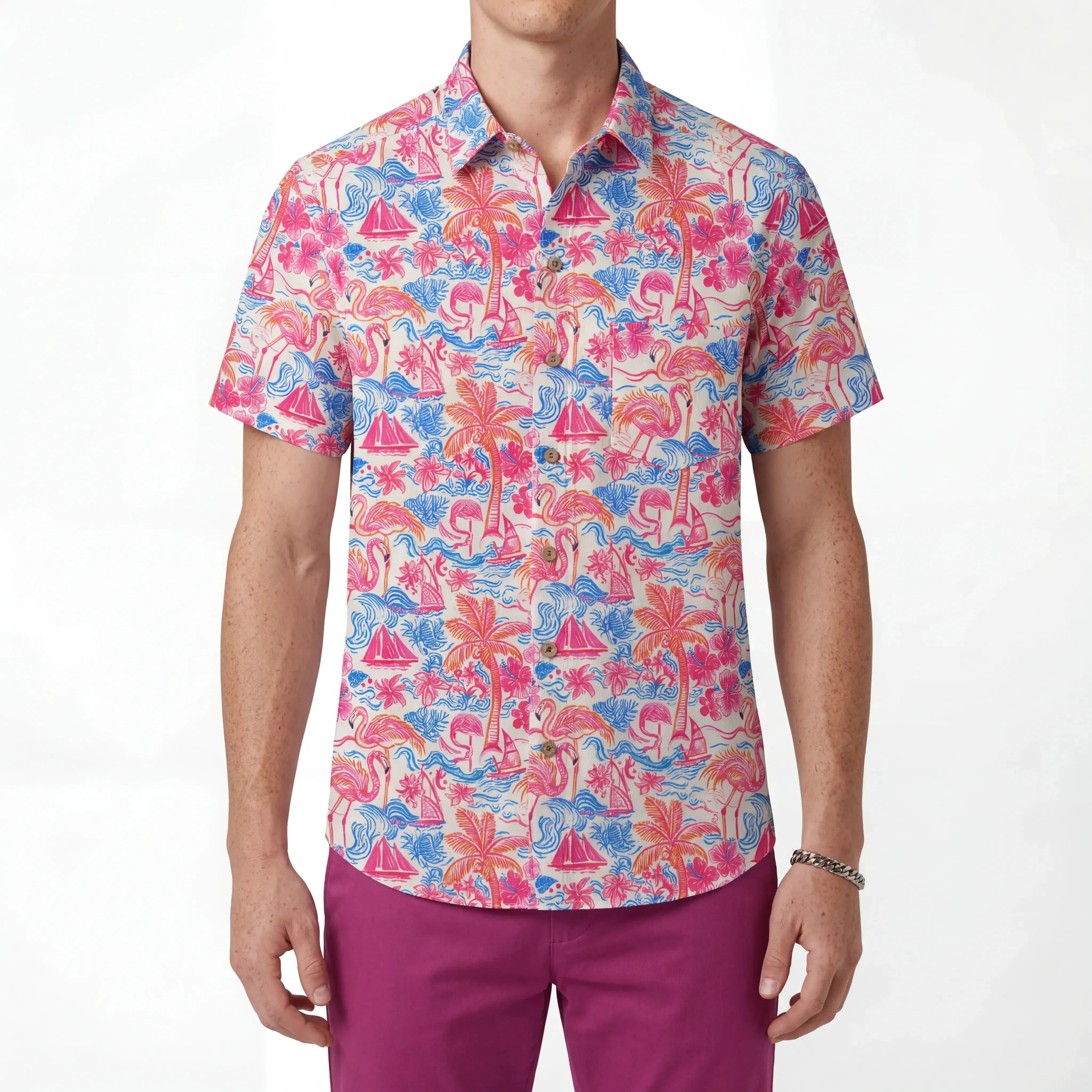 LeosWare® Men's Hawaiian Shirt Short Sleeve Button-up 100% Cotton Aloha Tropical Fire Bay sold by Yiume product image thumbnail 2
