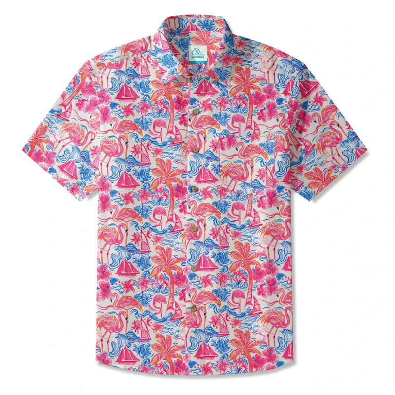 LeosWare® Men's Hawaiian Shirt Short Sleeve Button-up 100% Cotton Aloha Tropical Fire Bay made by Yiume