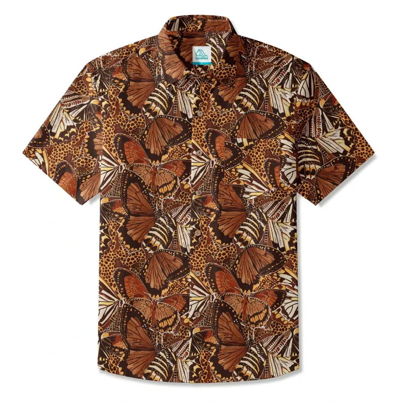 LeosWare® Men's Hawaiian Shirt Short Sleeve Button-up 100% Cotton Brown Aloha Butterfly Haven made by Yiume