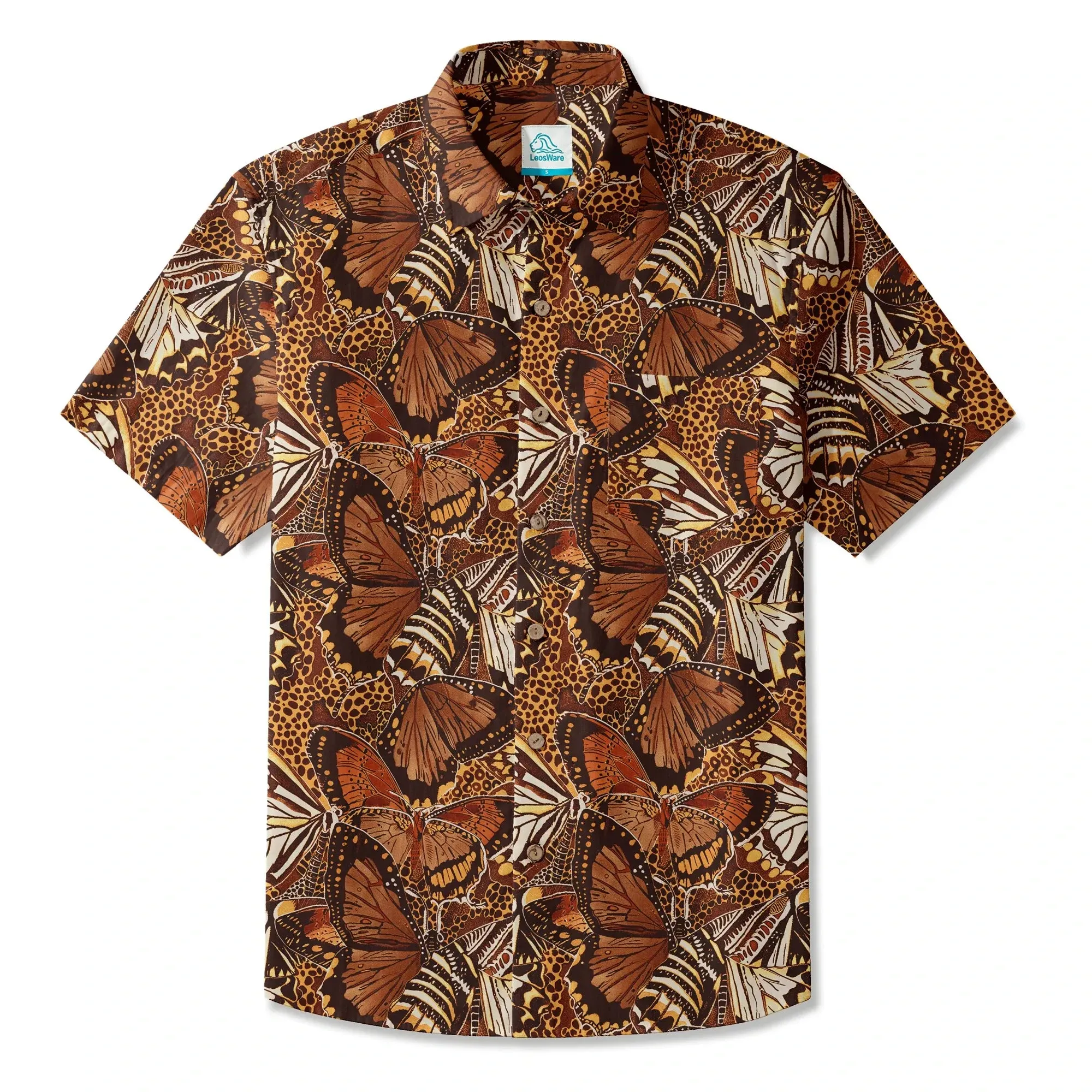 LeosWare® Men's Hawaiian Shirt Short Sleeve Button-up 100% Cotton Brown Aloha Butterfly Haven sold by Yiume