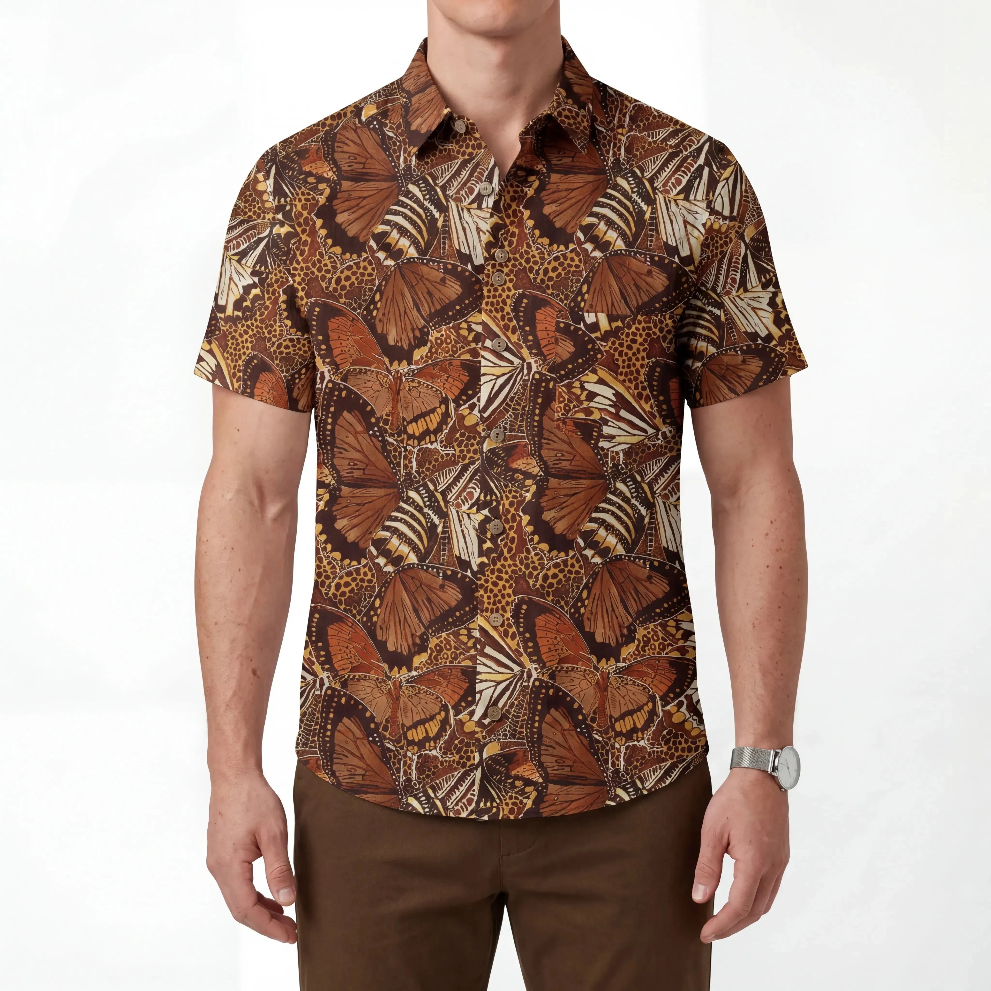 LeosWare® Men's Hawaiian Shirt Short Sleeve Button-up 100% Cotton Brown Aloha Butterfly Haven sold by Yiume product image thumbnail 2