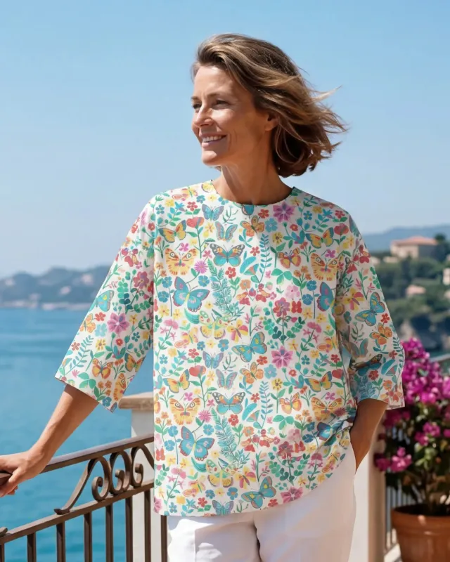 Women's Casual Blouse Elbow Sleeve Crew Neck Button-Back 100% Lyocell Blue Aloha Dance Of The Butterfly Blossom Collection sold by Yiume