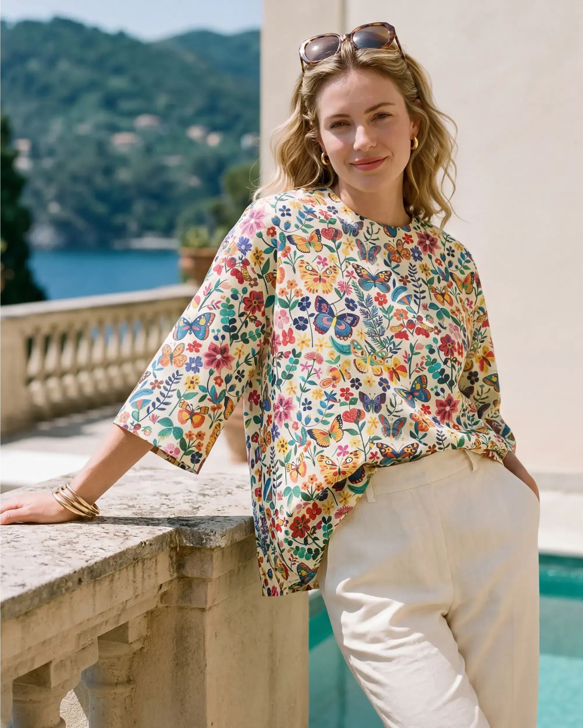 Women's Casual Blouse Elbow Sleeve Crew Neck Button-Back 100% Lyocell Beige Aloha Butterfly Whispers In Full Bloom sold by Yiume