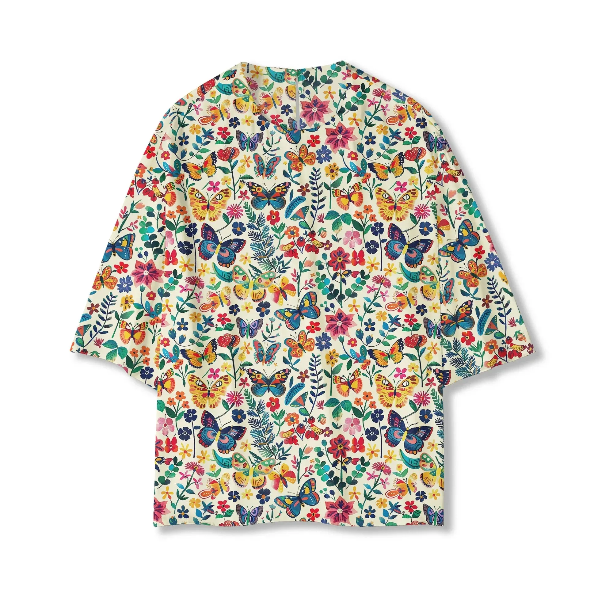 Women's Casual Blouse Elbow Sleeve Crew Neck Button-Back 100% Lyocell Beige Aloha Butterfly Whispers In Full Bloom sold by Yiume product image thumbnail 2