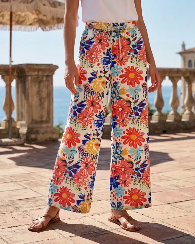 Women's Casual Floral Wide Leg Pants Lounge Elastic Waist Drawstring with Pockets 93% Lyocell, 7% Linen Beige Aloha Leopard And Flower Party sold by Yiume