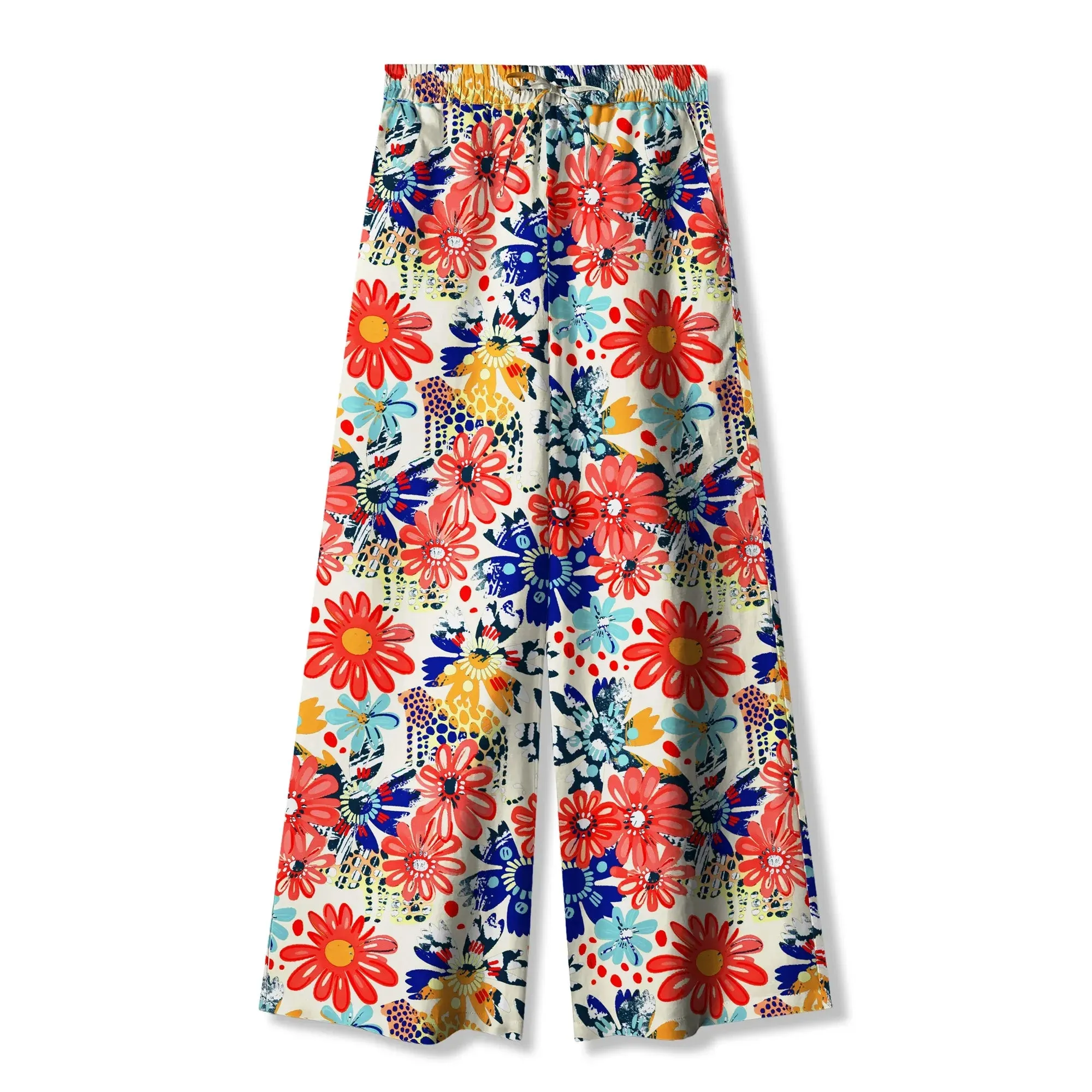 Women's Casual Floral Wide Leg Pants Lounge Elastic Waist Drawstring with Pockets 93% Lyocell, 7% Linen Beige Aloha Leopard And Flower Party sold by Yiume product image thumbnail 2