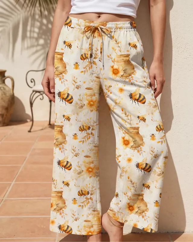 Women's Casual Floral Wide Leg Pants Lounge Elastic Waist Drawstring with Pockets 93% Lyocell, 7% Linen Yellow Aloha Autumn Harvest In The Honey Garden sold by Yiume