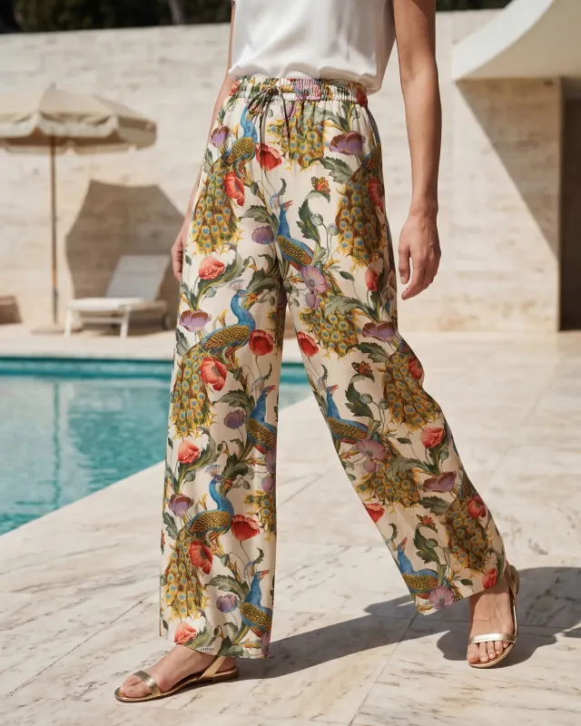 Women's Casual Floral Wide Leg Pants Lounge Elastic Waist Drawstring with Pockets 93% Lyocell, 7% Linen Beige Aloha Dancing Among The Flowers By Ann made by Yiume