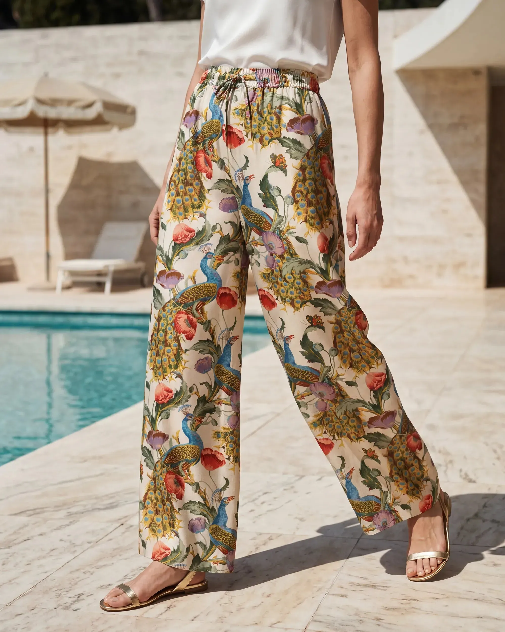 Women's Casual Floral Wide Leg Pants Lounge Elastic Waist Drawstring with Pockets 93% Lyocell, 7% Linen Beige Aloha Dancing Among The Flowers By Ann sold by Yiume