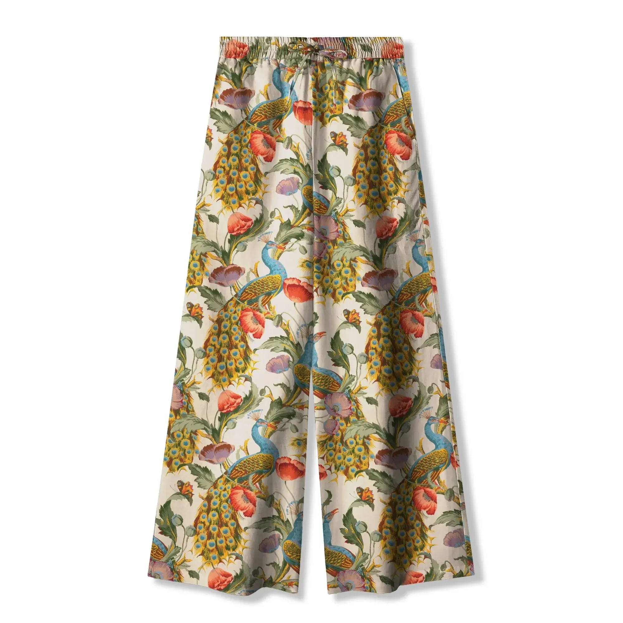 Women's Casual Floral Wide Leg Pants Lounge Elastic Waist Drawstring with Pockets 93% Lyocell, 7% Linen Beige Aloha Dancing Among The Flowers By Ann sold by Yiume product image thumbnail 2
