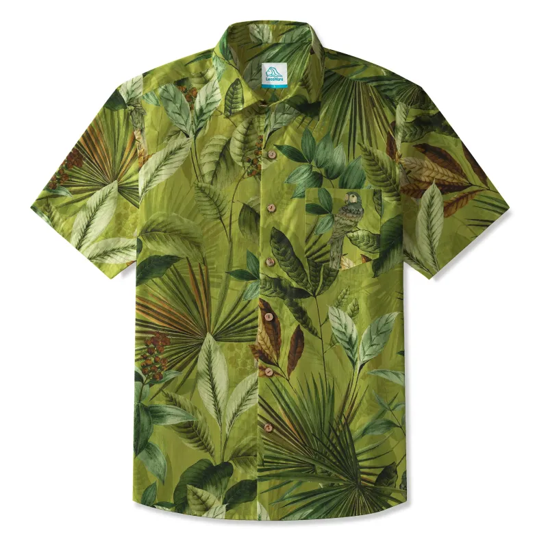 LeosWare® Men's Hawaiian Shirt Short Sleeve Button-up 100% Cotton Green Aloha Parrot Jungle Paradise By Huan huan made by Yiume