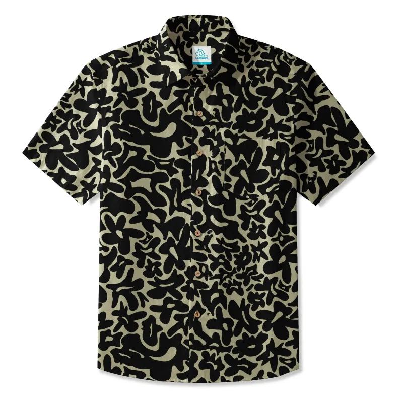 LeosWare® Men's Hawaiian Shirt Short Sleeve Button-up 100% Cotton Black Aloha Minimalist Black Brown Florals By Huan huan made by Yiume