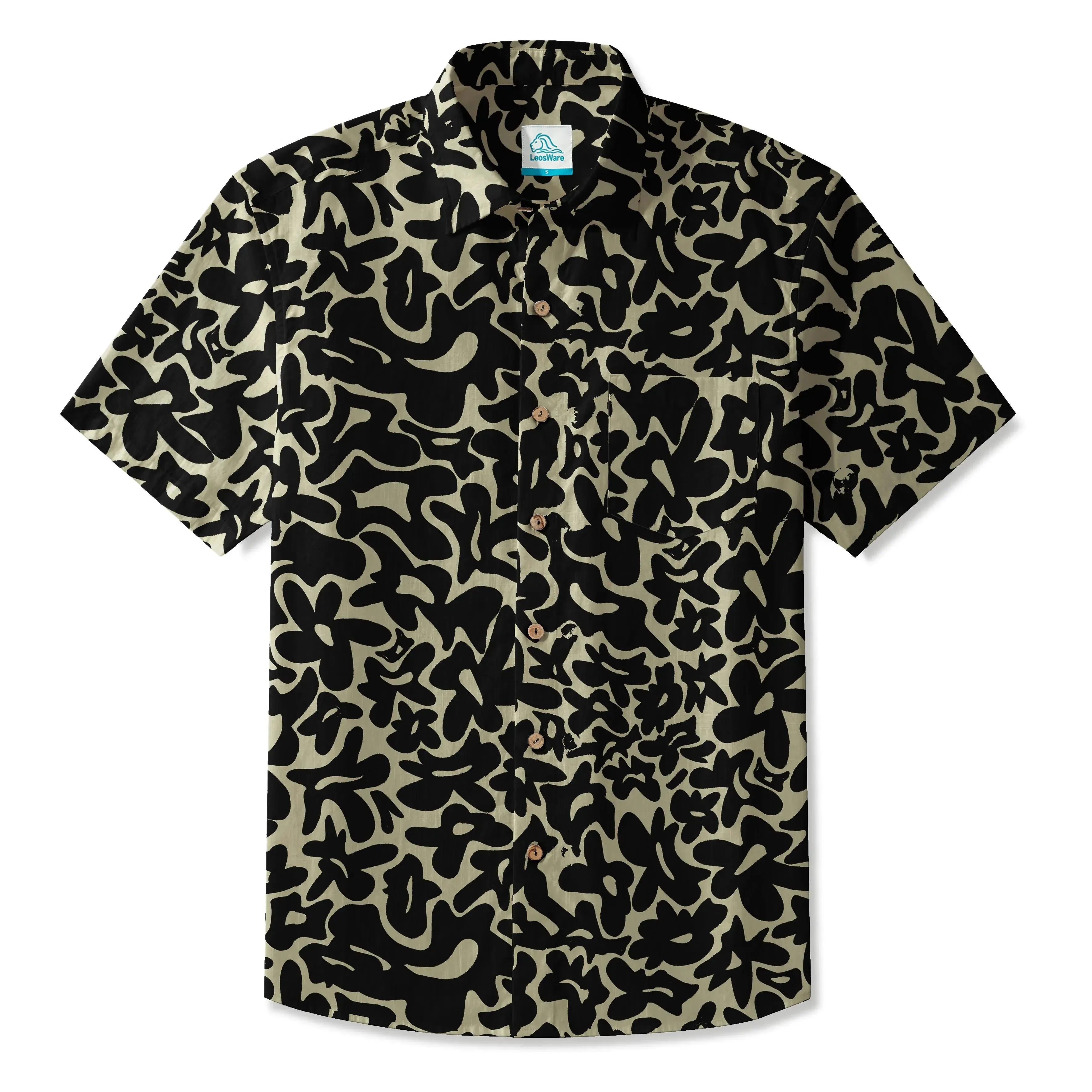 LeosWare® Men's Hawaiian Shirt Short Sleeve Button-up 100% Cotton Black Aloha Minimalist Black Brown Florals By Huan huan sold by Yiume