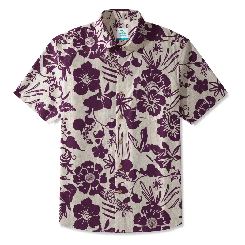 LeosWare® Men's Hawaiian Shirt Short Sleeve Button-up 100% Cotton Red Aloha Floral Silhouette made by Yiume