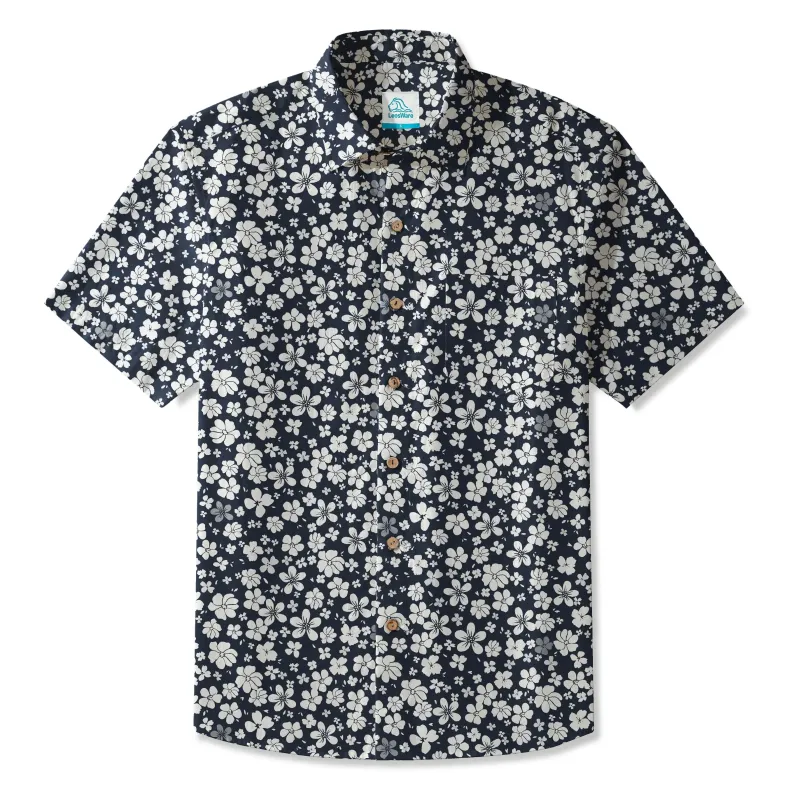 LeosWare® Men's Hawaiian Shirt Short Sleeve Button-up 100% Cotton Blue Aloha Floral Seascape made by Yiume