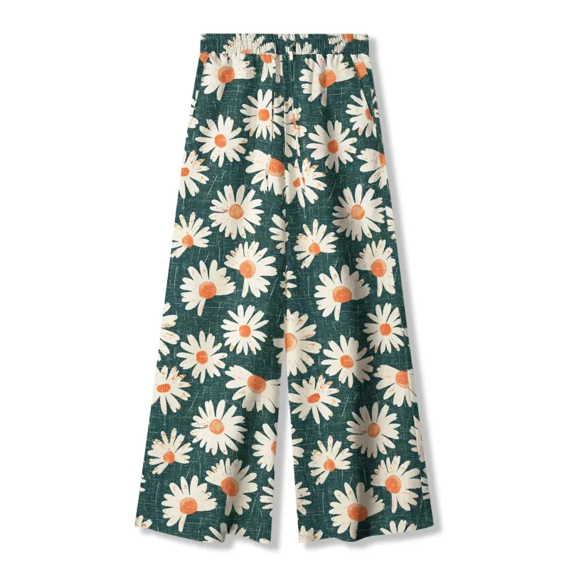 Women's Casual Floral Wide Leg Pants Lounge Elastic Waist Drawstring with Pockets 93% Lyocell, 7% Linen Green Aloha Daisy Bottom By Ann made by Yiume