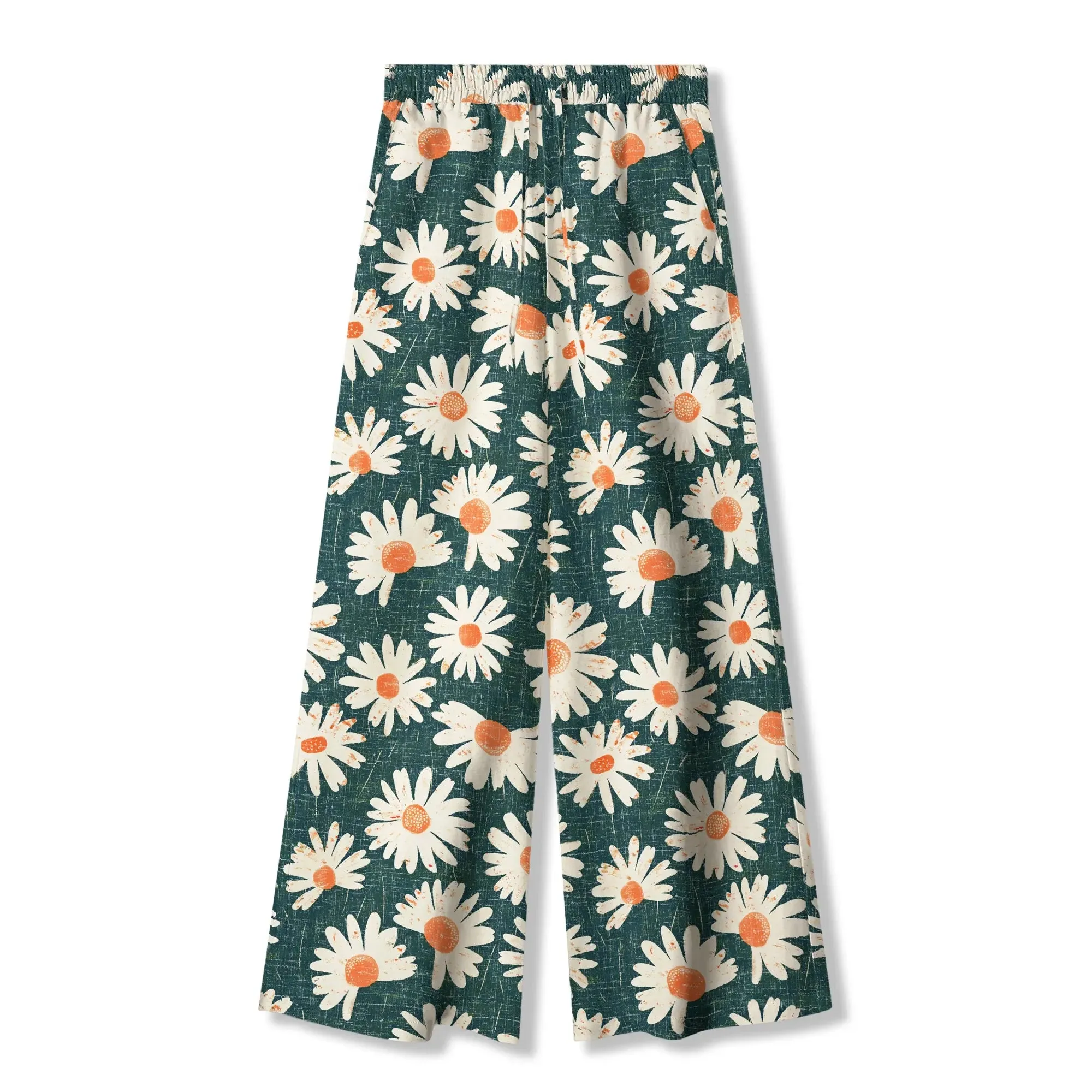 Women's Casual Floral Wide Leg Pants Lounge Elastic Waist Drawstring with Pockets 93% Lyocell, 7% Linen Green Aloha Daisy Bottom By Ann sold by Yiume