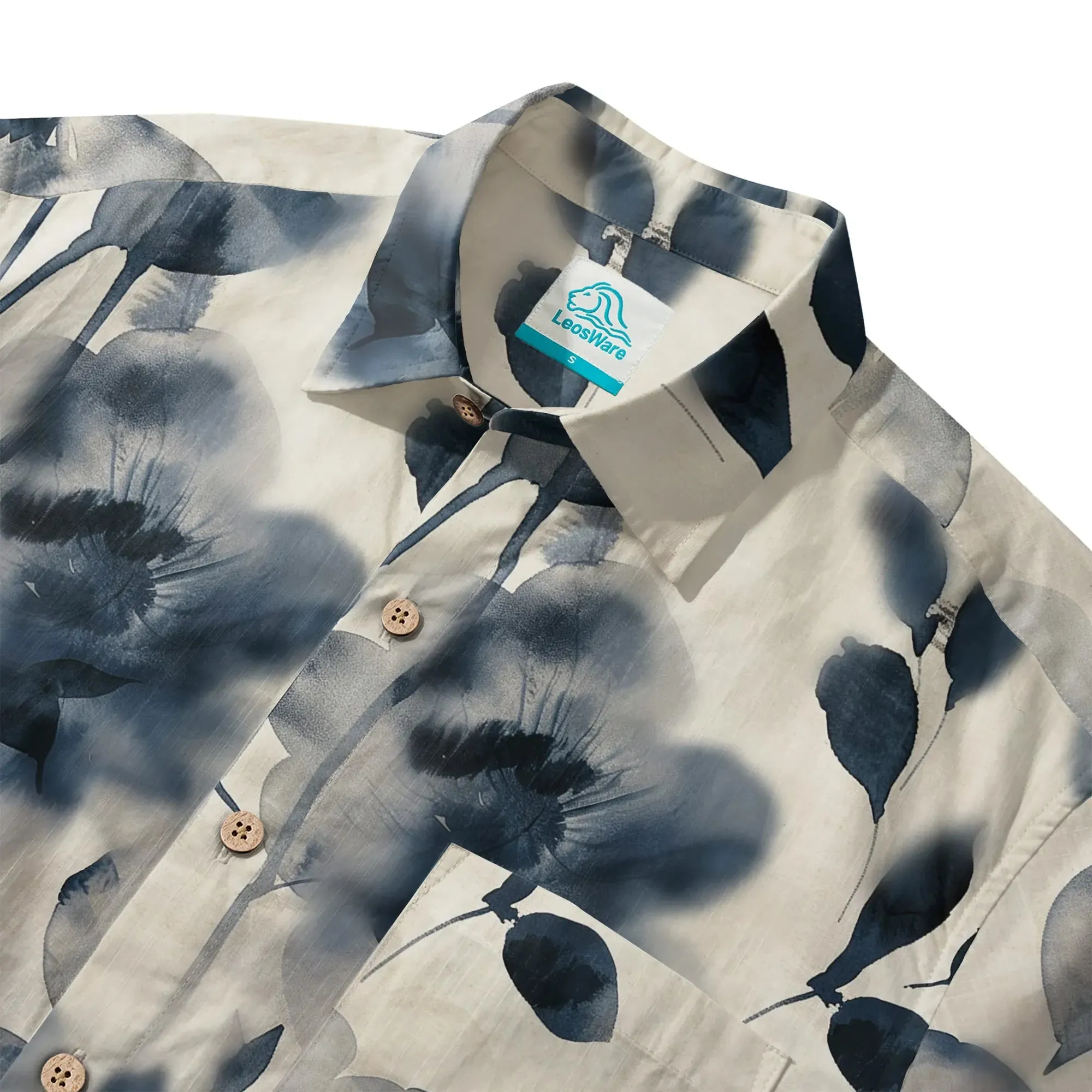 LeosWare® Men's Hawaiian Shirt Short Sleeve Button-up 100% Cotton Blue Aloha Blue And White Ink Charm By Ann sold by Yiume product image thumbnail 2
