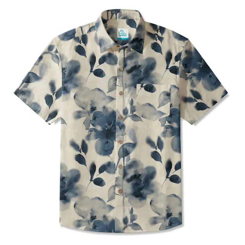 LeosWare® Men's Hawaiian Shirt Short Sleeve Button-up 100% Cotton Blue Aloha Blue And White Ink Charm By Ann made by Yiume