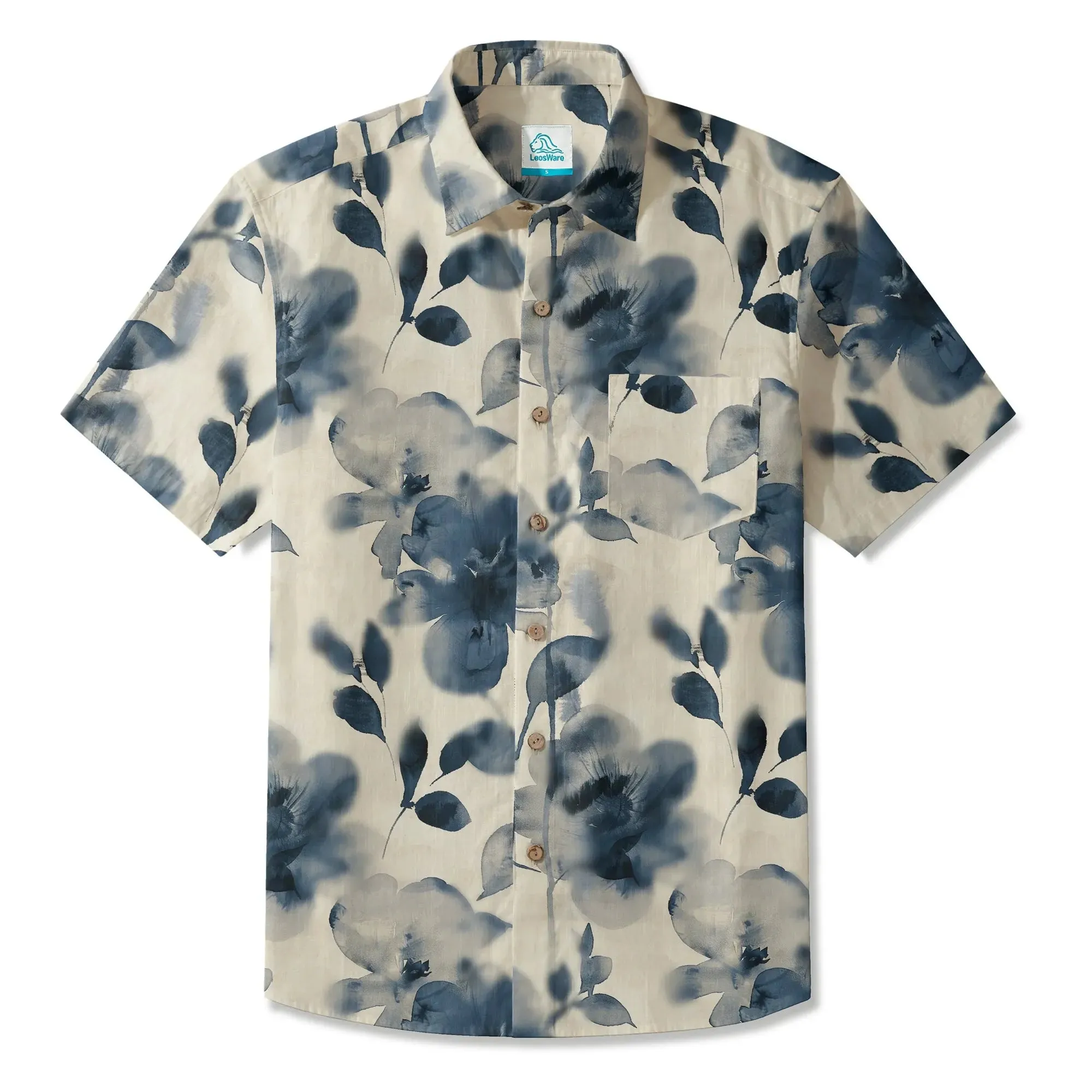 LeosWare® Men's Hawaiian Shirt Short Sleeve Button-up 100% Cotton Blue Aloha Blue And White Ink Charm By Ann sold by Yiume