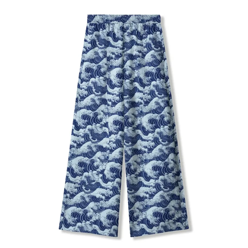 Women's Casual Ankle Pants Lounge Elastic Waist with Pockets 93% Lyocell, 7% Linen Blue Aloha Blue Wave World made by Yiume
