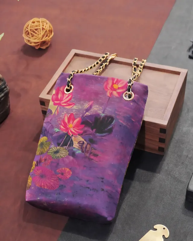 Lotus Gambiered 100% Mulberry Silk Chain Phone Bag made by Yiume