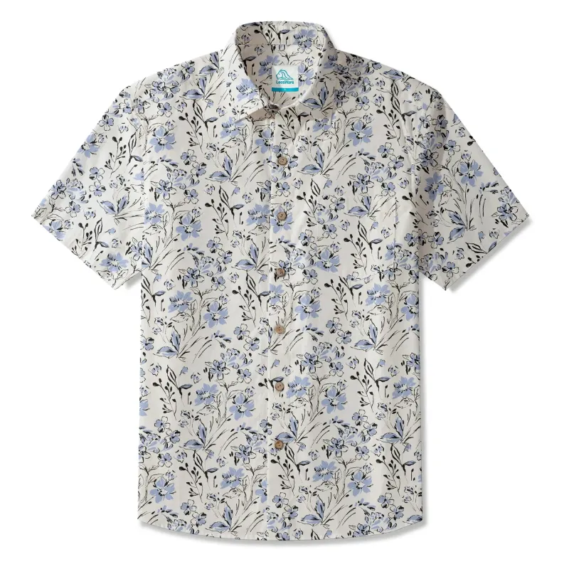 LeosWare® Men's Hawaiian Shirt Short Sleeve Button-up 100% Cotton Blue Aloha Graceful Sky Flowers made by Yiume