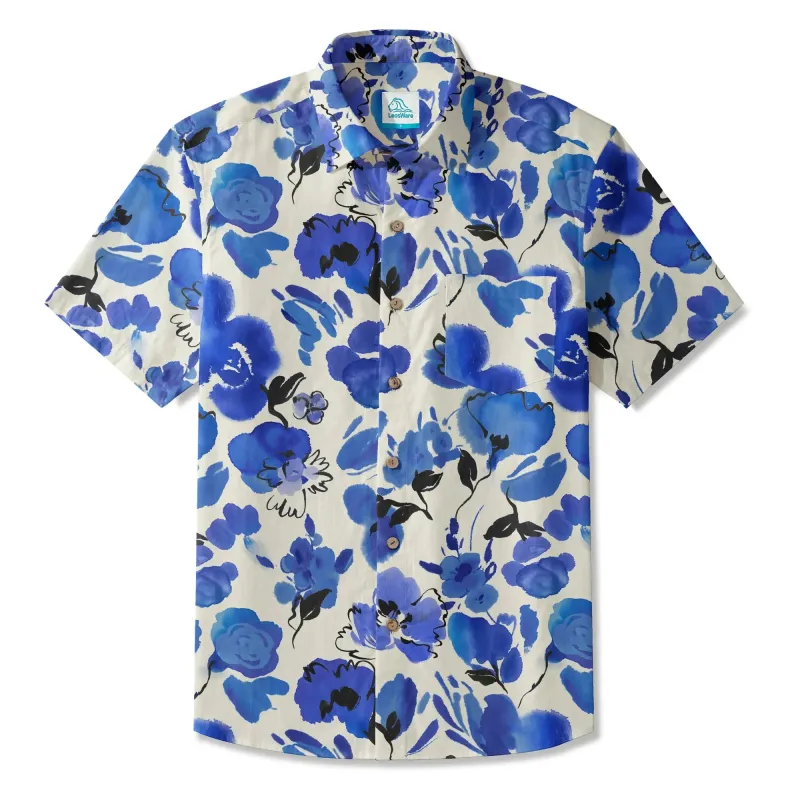 LeosWare® Men's Hawaiian Shirt Short Sleeve Button-up 100% Cotton Blue Aloha Ink Blue Florals made by Yiume