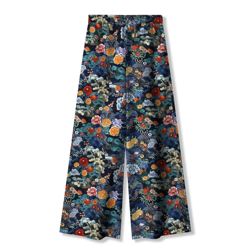 Women's Casual Floral Wide Leg Pants Lounge Elastic Waist Drawstring with Pockets 93% Lyocell, 7% Linen Green Aloha Oriental Blossoms By Cigar made by Yiume