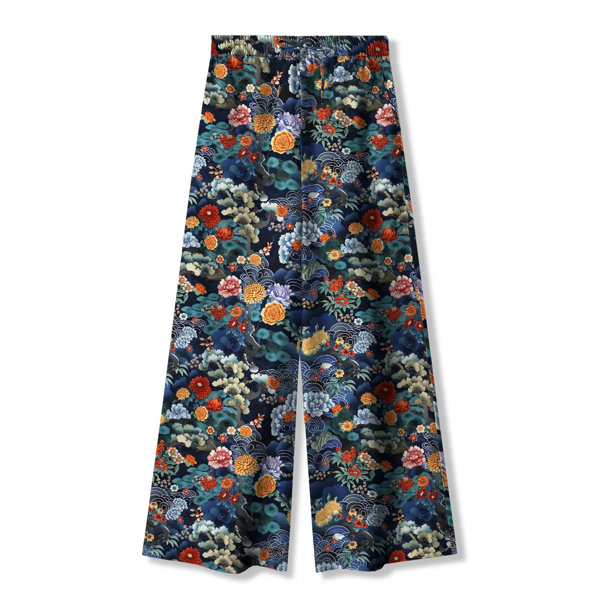 Women's Casual Floral Wide Leg Pants Lounge Elastic Waist Drawstring with Pockets 100% Cotton Green Aloha Oriental Blossoms By Cigar sold by Yiume