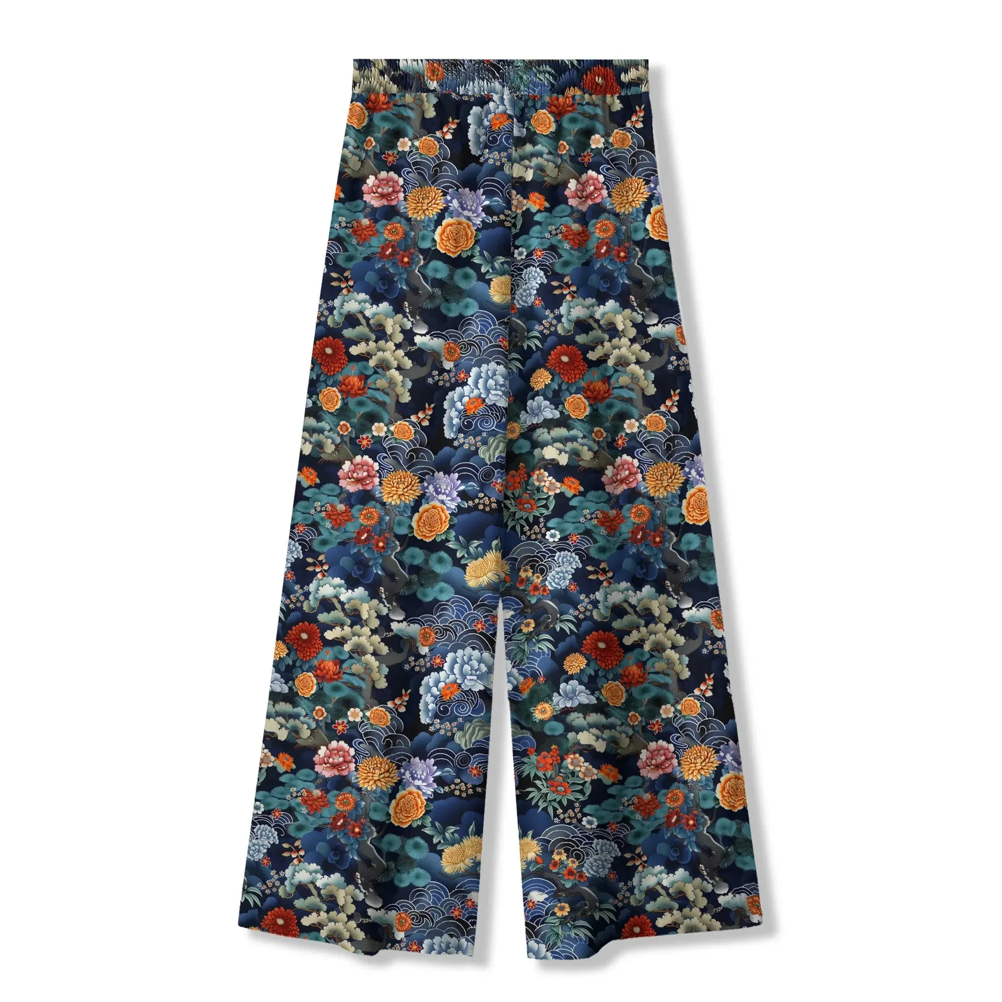 Women's Casual Floral Wide Leg Pants Lounge Elastic Waist Drawstring with Pockets 100% Cotton Green Aloha Oriental Blossoms By Cigar sold by Yiume product image thumbnail 5
