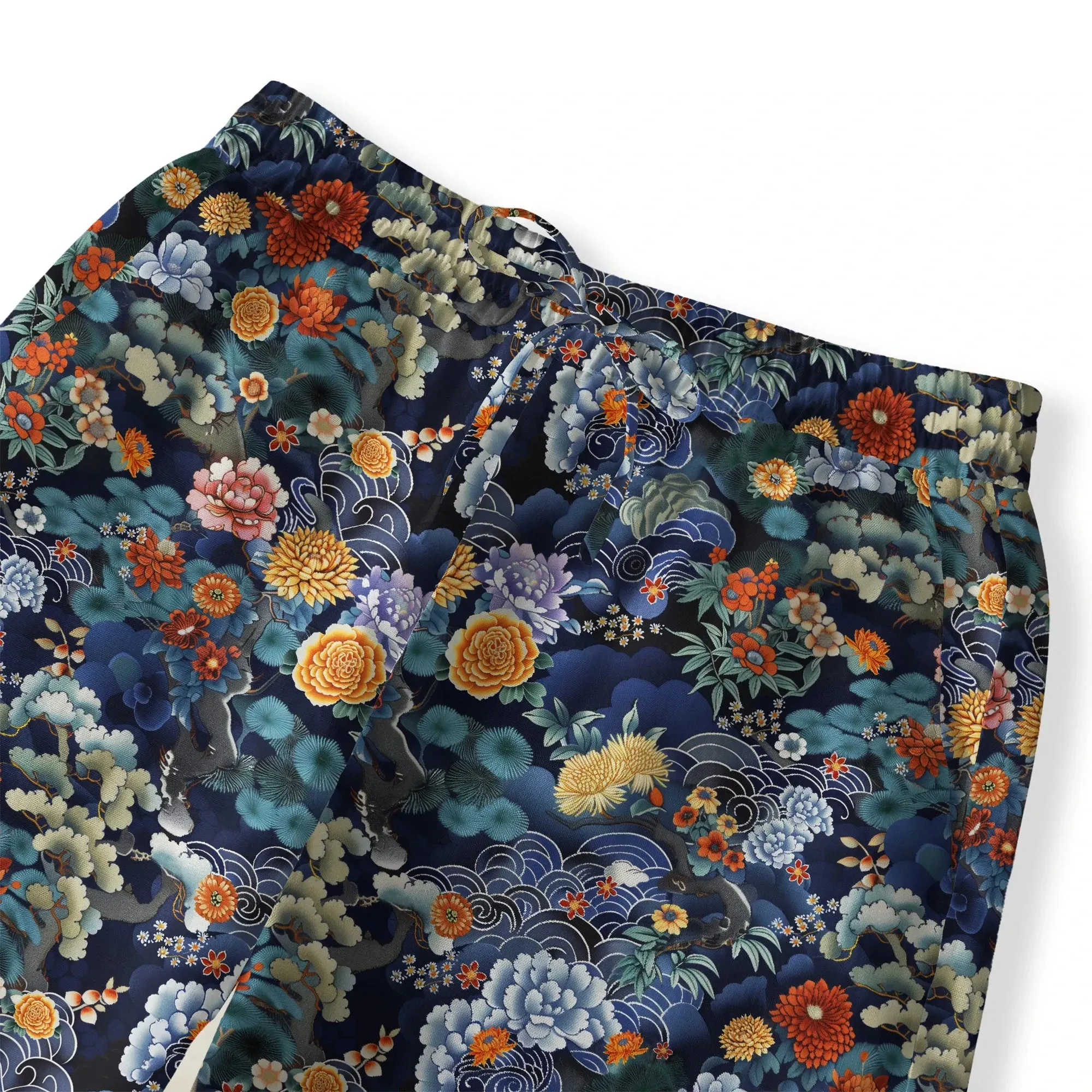 Women's Casual Floral Wide Leg Pants Lounge Elastic Waist Drawstring with Pockets 100% Cotton Green Aloha Oriental Blossoms By Cigar sold by Yiume product image thumbnail 2