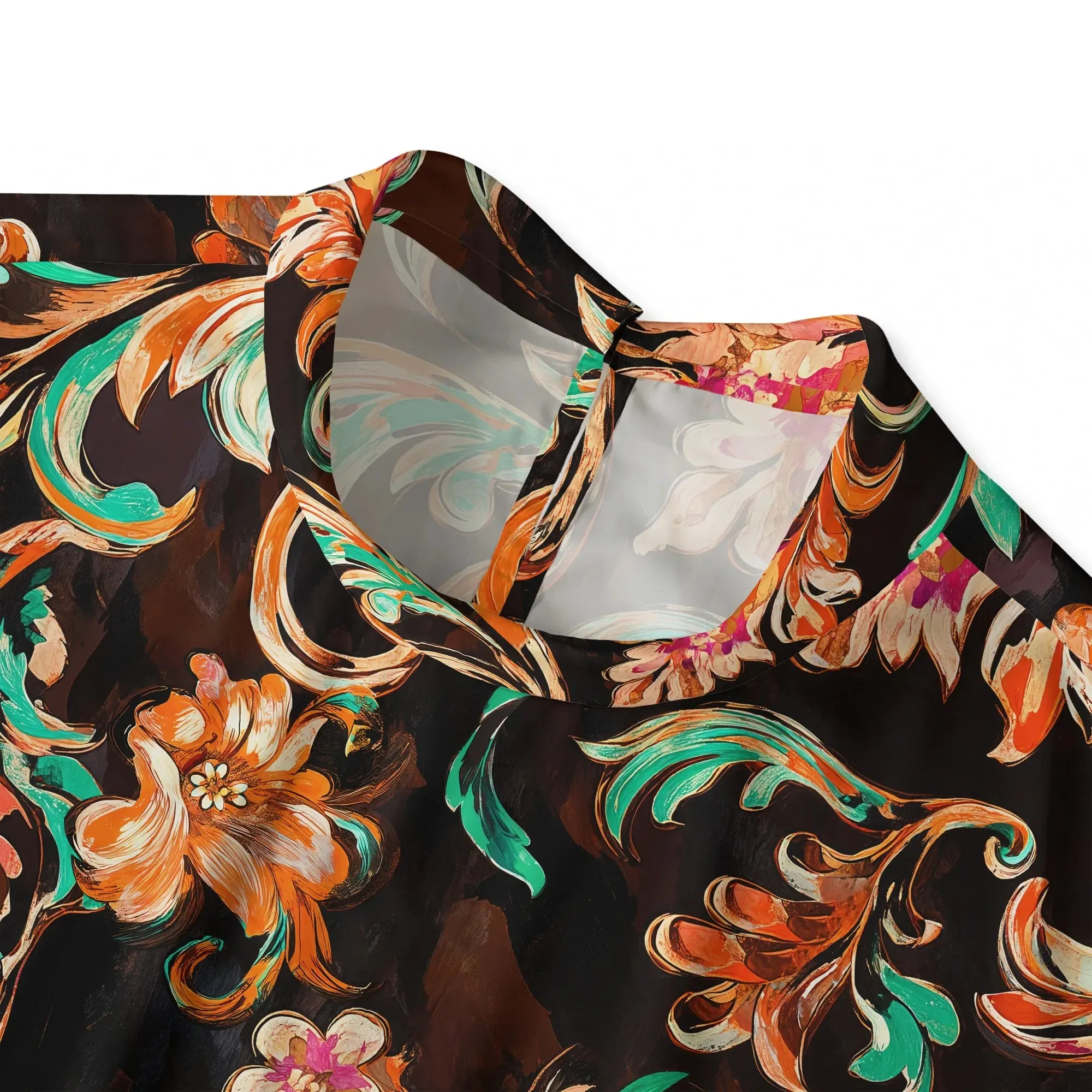 Women's Casual Blouse Cap Sleeve Fold-Over Neck Button-Back 100% Lyocell Brown Aloha Fiery Blossoms sold by Yiume product image thumbnail 2