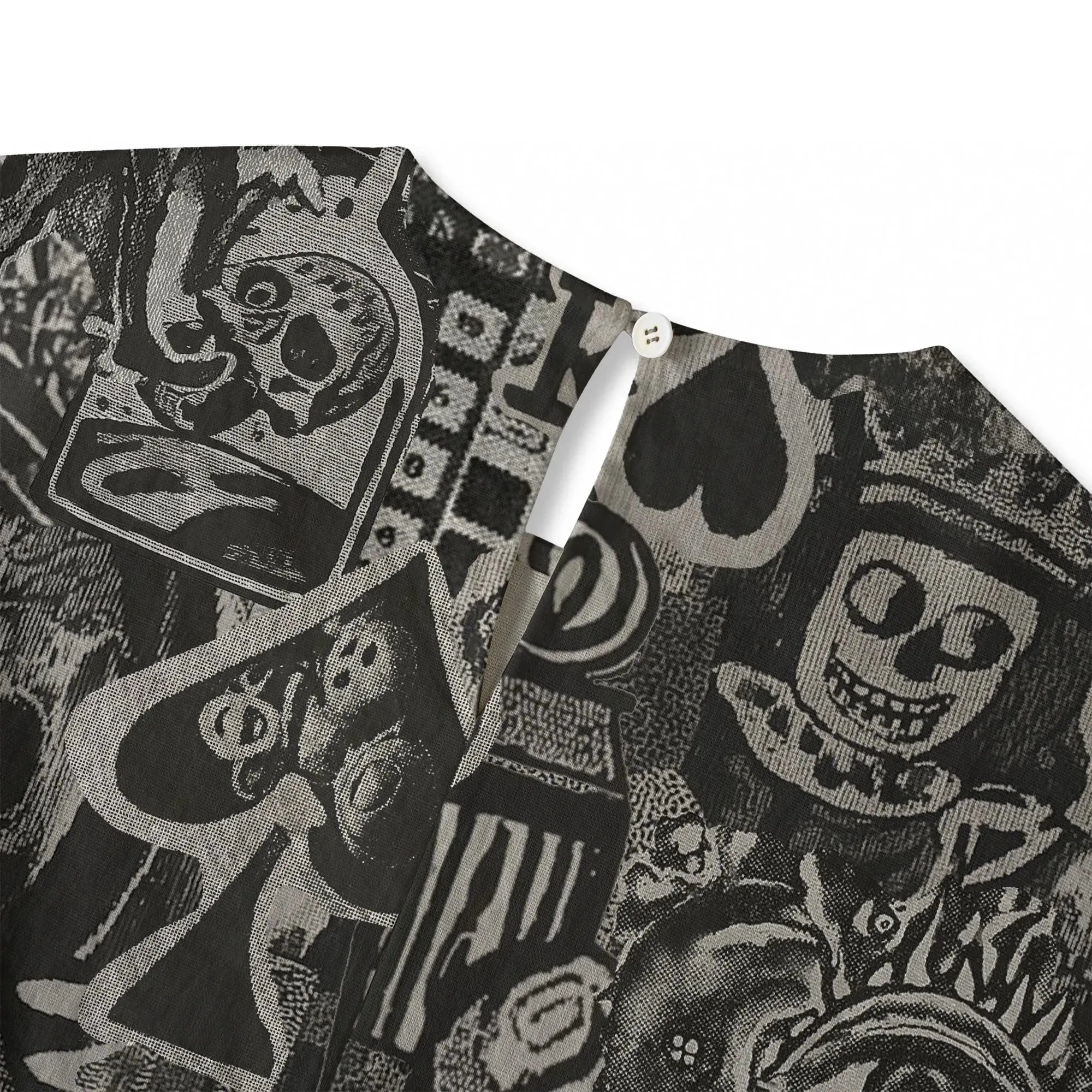 Women's Poker Skull Casual Blouse Elbow Sleeve Crew Neck Button-Back 95% Lyocell, 5% Linen Black Aloha Dark Poker Graffiti sold by Yiume product image thumbnail 4